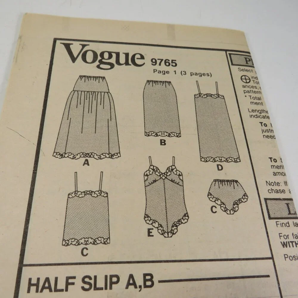 Vogue 9765  Sewing Pattern Undergarments Slip, Teddy, Camisole, Slip, Panties